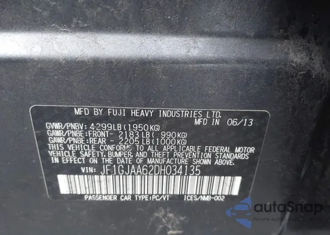 2013 Subaru Impreza 2.0I from USA, damaged, VIN JF1GJAA62DH034135